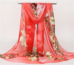 Women Silk Scarf / Shawl - Red and Floral